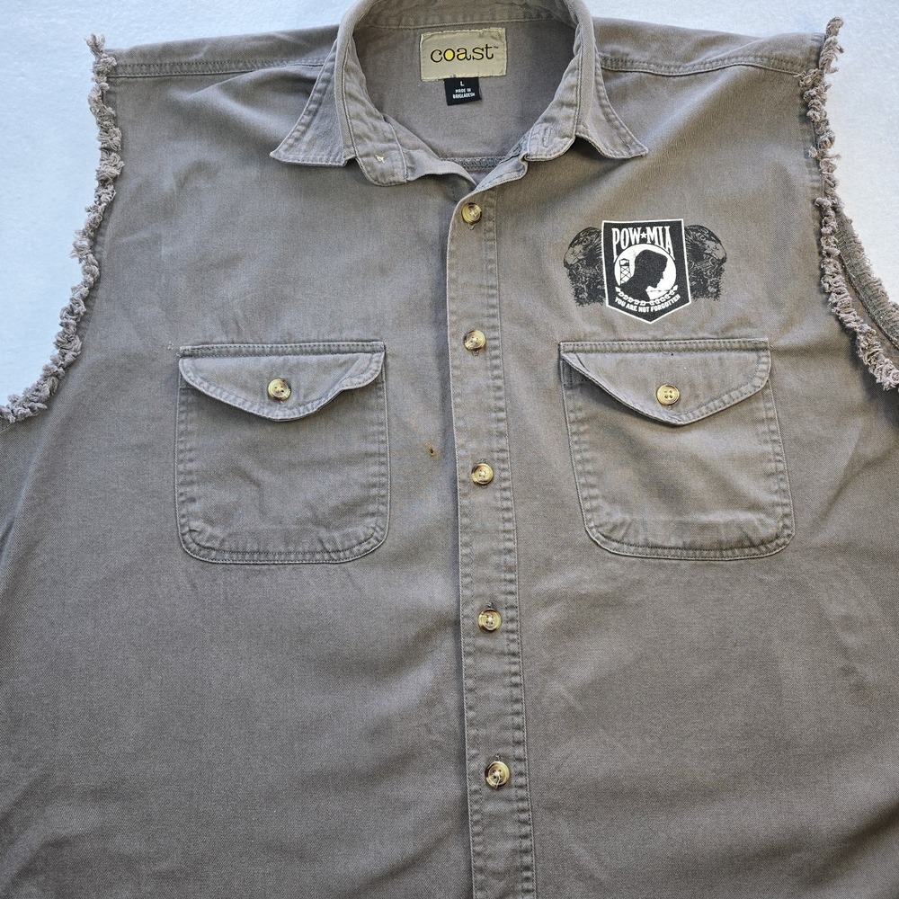 Coast Men's L Sleeveless Biker Shirt POW-MIA You Are Not Forgotten‎ Gray Frayed